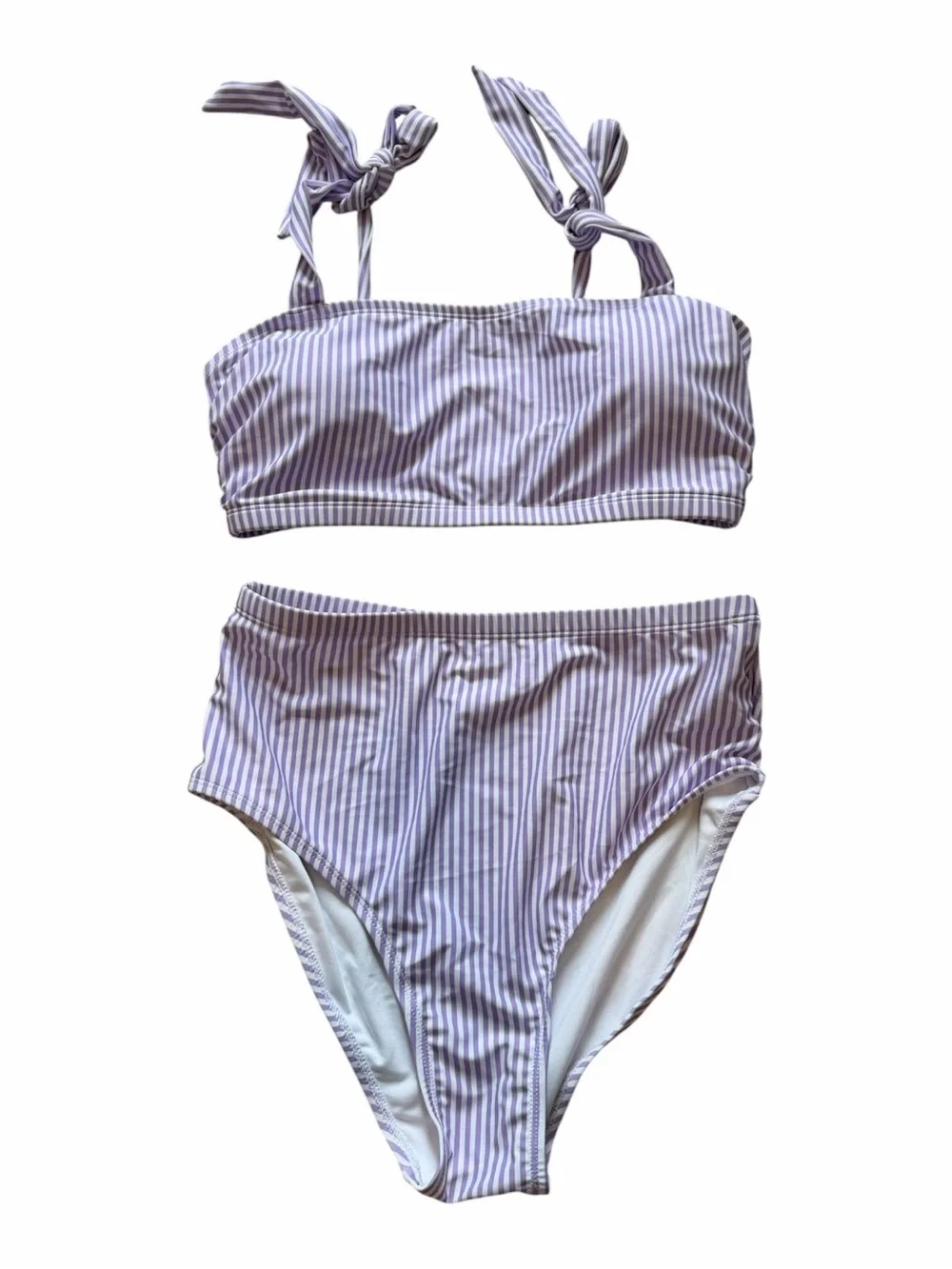 Lavender and White Striped High-Waist Bikini with Tie Straps